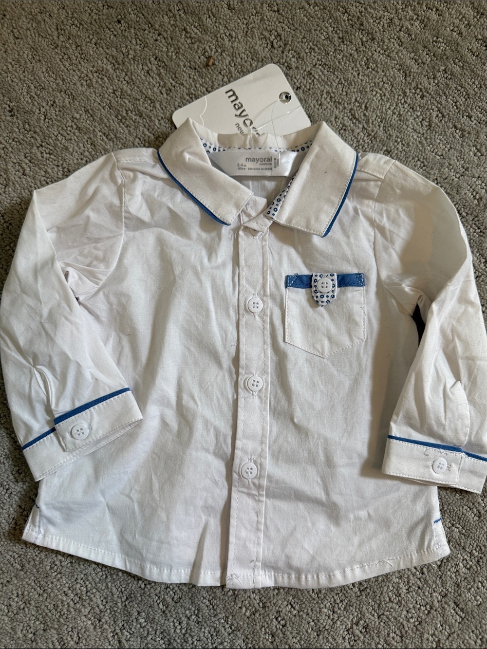 Mayoral Baby Boy White Button-Down Shirt with Blue Trim